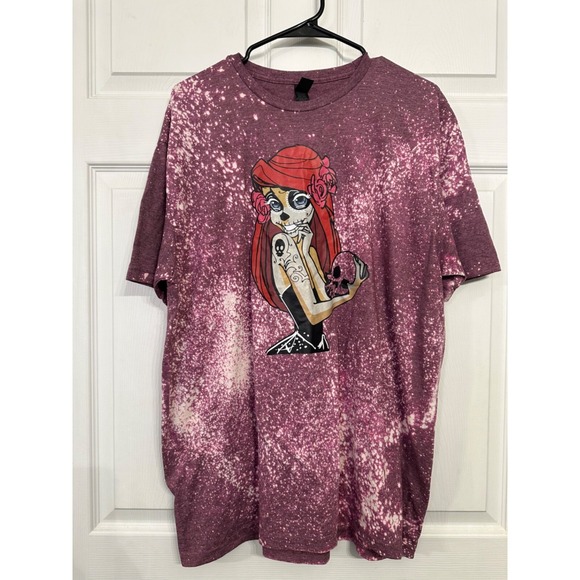 Gildan Tops - Gildan XL Spooky Ariel Little Mermaid Sugar Skull Purple Bleach Splatter T-Shirt
